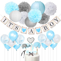 1 x RAW Customer Returns Baby shower decoration boy - It s A Boy garland, elephant cake topper blue and gray, confetti balloons, flower pom poms for baptism, birthday, baby shower - RRP €15.69