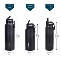 1 x RAW Customer Returns FARI Sports Water Bottle with Straw and Pourer Lid - 660 960 1200ml, Double Walled, Vacuum Insulated, Stainless Steel with Wide Mouth to Keep Drinks Cold or Hot 1200ml, Black  - RRP €24.18