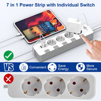 1 x RAW Customer Returns Power strip surge protection 4000W 16A , KEPLUG multiple socket with 3 USB, individually switchable wall mounting child safety lock, socket with 2 m cable 10AC  - RRP €21.77