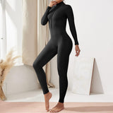 1 x RAW Customer Returns Vertvie Women s Jumpsuit Tight with Zip Body Outfits Playsuit Long Sleeve Bodycon Romper Sports Suit Yoga Fitness Slim Jogging Suit A-Black, S  - RRP €30.24