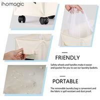 1 x RAW Customer Returns IHOMAGIC 62L Slim Laundry Bag with Wheels - Tall Laundry Basket with Removable Laundry Bags, Large Foldable Laundry Baskets with Handle, Portable Storage Basket for Bedroom, Living Room Beige  - RRP €28.99