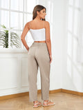 1 x RAW Customer Returns Puimentiua summer trousers for women, light summer linen trousers, 7 8 white trousers, airy, high waist linen pants, elegant fabric trousers, loose hollowed-out trousers with drawstring and pockets khaki, XL  - RRP €27.99