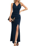 1 x RAW Customer Returns Laughido Maxi Dress Wrap Dress Party Dress Bodycon Evening Dresses Women Cocktail Dress Festive Elegant Long Wedding Summer Dress Navy Blue, Large  - RRP €48.99