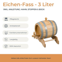 1 x RAW Customer Returns HOFMEISTER 3 liter oak barrel, for wine, whiskey schnapps, traditional EU handcraft, including instructions, tap, stopper trestle, wine barrel, small wooden barrel, 25.5 x 22.5 x 26.5 cm - RRP €82.19