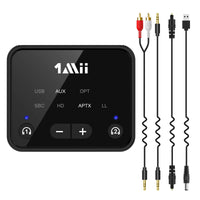 1 x RAW Customer Returns 1Mii Bluetooth 5.3 TV Transmitter to 2 Wireless Headphones, 100ft Long Range Bluetooth Adapter for TV aptX Low Latency and HD Volume Control, Optical USB AUX RCA Audio Inputs - RRP €42.29