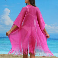 1 x Brand New Ferand Women s Summer Kimono Cardigan Open Front Fringe Beach Cover Up Long Kimono for Bikini Swimwear One Size Pink - RRP €22.08