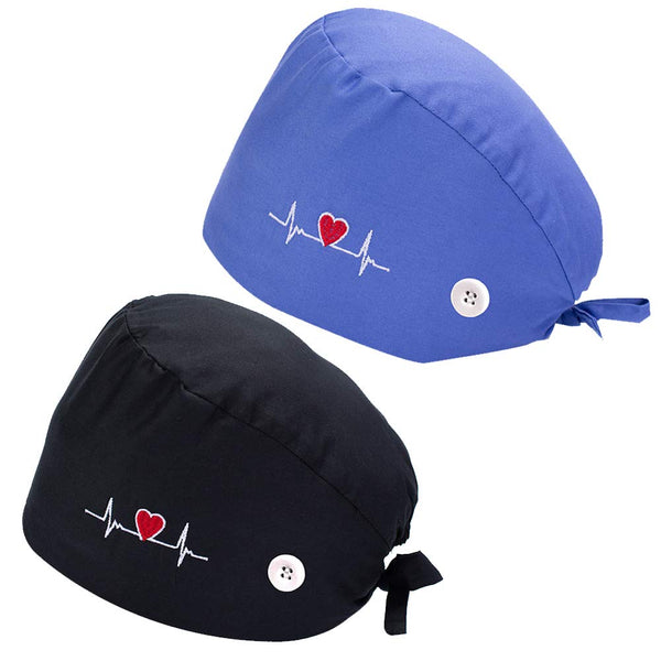 2 x Brand New Enkudc Cute Printed Work Cap Bouffant Turban Cap with Sweatband Adjustable Tie Backs Hats for Women Men Size One Size Black and Blue - RRP €55.2