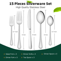 1 x Brand New 15-Piece Silverware Flatware Cutlery Set, Stainless Steel Dinnerware Service for 3, Include Knife Fork Spoon, Mirror Polished, Dishwasher Safe - RRP €20.4