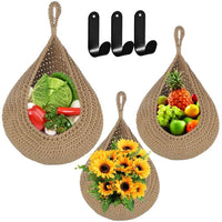 1 x Brand New Fruit Basket Hanging Wall for Kitchen, Wall Hanging Vegetable and Fruit Basket, Plant Basket Decorative Hanging Basket, Hand Woven Kitchen Storage Wall Basket Fruit Baskets, 3 Hooks, Kitchen, Restaurant, Storage - RRP €21.17