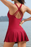 1 x RAW Customer Returns SHEKINI Women s One-Piece Swimsuit Bathing Dress Backless V-Neck Bathing Skirt Ruched Tummy Control Tankini Women s Beach Swimsuit Swimming Skirt Large Size M, Wine Red  - RRP €41.59