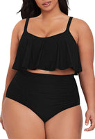 1 x RAW Customer Returns Viottiset Women s Plus Size 2 Piece Tankini Set Tummy Control Ruffle Ruched Swimsuits Crop Top Bikini Black XL - RRP €47.39