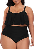 1 x RAW Customer Returns Viottiset Women Plus Size 2 Piece Tankini Set Tummy Control Ruffle Ruched Swimsuits Crop Top Bikini Black 2XL - RRP €47.39