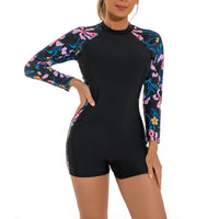 1 x RAW Customer Returns IBTOM CASTLE Women s Floral Zipper Rashguard Swimsuit Long Sleeve Short Sleeve Swimsuit Boyleg Surf Wetsuit One Piece Swimsuit, Black and Pink Flower, L - RRP €33.36