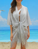 1 x Brand New Ferand Women s Summer Kimono Cardigan Open Front Fringe Beach Cover Up Long Kimono for Bikini Swimwear One Size Silver - RRP €19.51