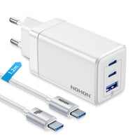 1 x RAW Customer Returns NOHON USB-C Fast Charger Plug 65W GaN 3 Ports PD3.0 with 140W Fast USB C Cable 1.2M PPS Compatible with MacBook Pro Air Airpods iPad iPhone 15 14 13 12 Pro Max Galaxy S23 White  - RRP €39.99