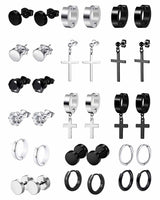 1 x RAW Customer Returns 16 Pairs Stainless Steel Punk Hoop Earrings for Men Women Small Kpop Huggie Earrings Gothic Hoop Black Earrings Round Zirconia Cross Hoop Earrings Huggie Earring Studs Black Silver - RRP €24.0