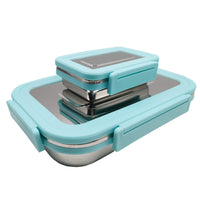 1 x RAW Customer Returns Portable Stainless Steel Lunch Box, Bento Box, Bread Box, Sauce Tin, Flat Set of 2 910ml and 192ml , Food Grade 304 Stainless Steel - Blue - RRP €15.02