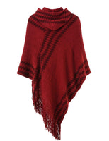 1 x RAW Customer Returns Ferand Striped Women s Poncho Cape with Zigzag Pattern and Hood, Comfortable Pullover with Fringes, One Size, Wine Red - RRP €27.58