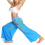 1 x RAW Customer Returns Nuofengkudu Women s Summer Trousers Hippie Long Trousers with Slit Loose Wide Leg Palazzo Colorful Flowy Yoga Trousers Airy Elegant Light Leisure Summer Beach Holiday Blue Peacock, Size M, Label S M  - RRP €24.99