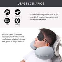 1 x Brand New Idocolors Neck Pillow Inflatable Cooler Fabric Camping Pillow U-shaped Relax Travel Pillow Portable Neck Support Pillow for Airplane, Office Sleep, with Bag, Eye Mask and Ear Plugs - RRP €10.99