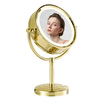 1 x RAW Customer Returns DOWRY Makeup Mirror with LED Lights Magnifying Mirror 5x Gold Tabletop Makeup Mirror 3-Color Lights Double-Sided Mirror Round Cosmetic Mirror with Plug, Diameter 21.5 cm - RRP €87.96