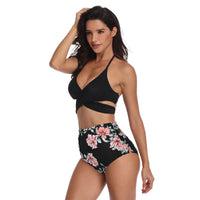 1 x Brand New Silkglory Women s Bikinis, Cross Front Halter Ruched Sexy 2 Piece Flat Belly Swimsuit, Push Up Bikini High Waist Floral Tummy Trimmers Swimsuit Women 2023 Black Biquini - M - RRP €30.24