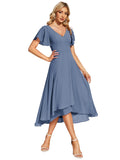 1 x RAW Customer Returns Ever-Pretty Bridesmaid Dress Short Sleeves A-Line Chiffon V-Neck Empire Style Chiffon Elegant Dress Women Ceremony Denim Blue 46 - RRP €71.99