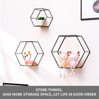 1 x RAW Customer Returns LMYDIDO Set of 3 Hexagon Wall Shelves Hanging Shelf, Metal and Wood Floating Shelf Wall Storage Organizer for Kitchen Shelf, Bathroom, Bedroom, Wall Decoration Black  - RRP €28.22