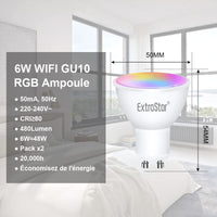 1 x RAW Customer Returns LED bulb, GU10, compatible with Alexa and Google Home, 6 W equivalent to 48 W, extrastar dimmable, color WiFi GU10 RGB 2700 - 6500 K, warm white and cool white, 600 lm, 2 pieces - RRP €20.4