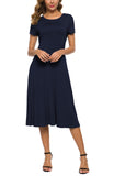 1 x RAW Customer Returns EXCHIC Women s Casual Round Neck A-Line Short Sleeve Midi Dress Summer Stretchy Knee Length Casual Dresses XXL, Navy Blue  - RRP €33.16