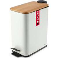 1 x RAW Customer Returns KADAX waste bin made of powder-coated steel, bucket with bucket and foot pedal, waste bin with automatic lowering, waste bin with bamboo lid 5L, white, rectangular  - RRP €35.06