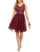 1 x Brand New Meetjen Ball Gowns Short Women Evening Dresses Tulle Sequin Dress V-Neck Cocktail Dress A Line Formal Dress Burgundy 2XL - RRP €55.58