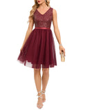 1 x RAW Customer Returns Meetjen Ball Gowns Short Women Evening Dresses Tulle Sequin Dress V-Neck Cocktail Dress A Line Formal Dress Burgundy M - RRP €55.45