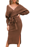 1 x Brand New Viottiset Women s V-neck Midi Knitted Jumper Elegant Backless Long Sleeve Tunic Dresses Belt Brown Small - RRP €44.36