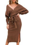 1 x Brand New Viottiset Women s V-neck Midi Knitted Jumper Elegant Backless Long Sleeve Tunic Dresses Belt Brown Large - RRP €40.33