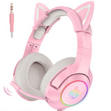 1 x RAW Customer Returns Gaming Headset Pink, Detachable Cat Ear Headphones, 7.1 Surround Sound Gaming Headset with Adjustable Noise Cancellation, LED Light, Retractable Microphone - RRP €39.99