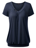 1 x RAW Customer Returns DJT Women s Basic V-Neck Short Sleeve T-Shirt Pleated Tops with Button Dark Blue XL - RRP €23.4