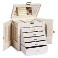 1 x RAW Customer Returns Frebeauty Large Jewelry Box, 6-Tier PU Leather Jewelry Organizer with Lock, Multi-functional Storage Case with Mirror, Accessories Holder with 5 Drawers for Earrings Necklace Bracelets Pearl White  - RRP €78.74