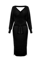 1 x RAW Customer Returns Viottiset Women s Elegant Knitted Dresses with V-Neck Batwing Sleeve Backless Slit Maxi Dress with Belt Black L - RRP €30.91