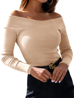 1 x RAW Customer Returns YBENLOVER Women Long Sleeve Sexy Off Shoulder Top Solid Color Slim Khaki XL - RRP €23.17