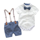 1 x RAW Customer Returns Volunboy Baby Boys Suit Set Clothing Shirt with Bow Tie Suspender Shorts Romper Suit White 6-9 Months Size 66  - RRP €31.99