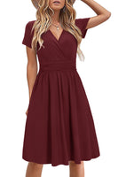 1 x RAW Customer Returns STYLEWORD Women s Summer Dress Short Sleeve V-Neck Dresses Plain Dress Beach Dress with Pockets Dark Red, Medium  - RRP €39.99