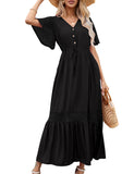 1 x RAW Customer Returns KOJOOIN women s summer dress lace short sleeve maxi dresses boho beach dress long ruffle flounce dress V-neck casual dress with buttons party dress REUSEABLE packaging , A-black, M - RRP €37.2