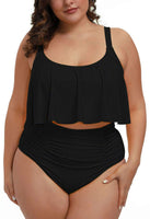 1 x RAW Customer Returns Viottiset Women Ruffle Plus Size Tankini Set 2 Piece Tummy Control Summer Swimsuits Beach Bikini Black 3XL - RRP €45.37