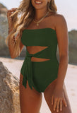 1 x RAW Customer Returns Viottiset Women s Bandeau Swimsuit Tummy Control Strapless Monokini One Piece High Cut Waist Tie Swimwear Dark Green XL - RRP €34.27