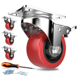 1 x RAW Customer Returns Swivel castors 4 pieces transport castors with safety lock 75mm wheels for furniture silent heavy-duty wheels with polyurethane rubber coating 360 degree rotatable 600Kg total capacity red  - RRP €37.21