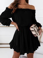 1 x RAW Customer Returns Dokotoo Women s Long Sleeve Elegant High Waist Plain Off Shoulder A-Line Mini Dress Party Dress Casual Dress Dating Dress Summer Dresses Ruffle Dress A Black M - RRP €33.26