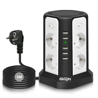 1 x RAW Customer Returns GLCON power strip with USB, 8-way multiple socket with 5 USB, multiple plug surge protection with switch 2500W, 3M extension cable, socket tower distribution socket for home office - RRP €34.78