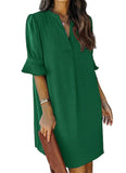 1 x RAW Customer Returns ANFTFH Casual Dresses for Women Ladies Ruffle Sleeve Split V-Neck Straight Fit Plain Slim Dress Dark Green XL - RRP €20.27