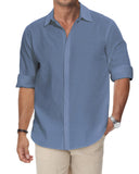 1 x Brand New HMIYA Men s Cotton Linen Shirt Long Sleeve Button Down Regular Fit Stand Collar Shirt, Blue, L - RRP €29.99